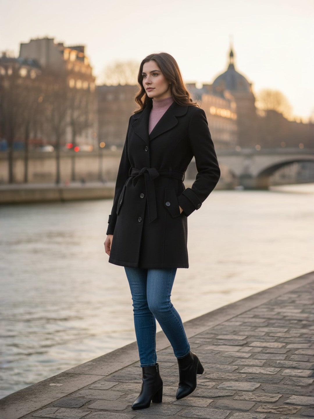 Excent Women’s Woollen Tweed Belted Coat – Classic Long Winter Jacket in Black| Elegant Warm Overcoat for Women