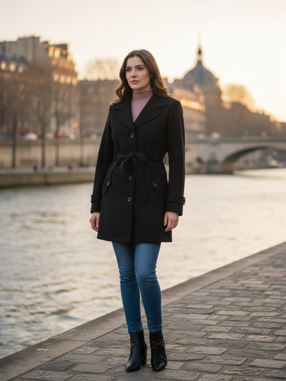 Excent Women’s Woollen Tweed Belted Coat – Classic Long Winter Jacket in Black| Elegant Warm Overcoat for Women