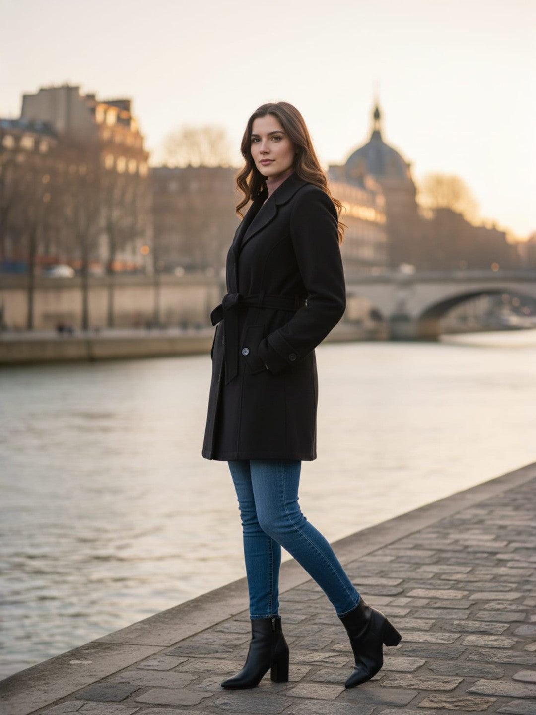 Excent Women’s Woollen Tweed Belted Coat – Classic Long Winter Jacket in Black| Elegant Warm Overcoat for Women