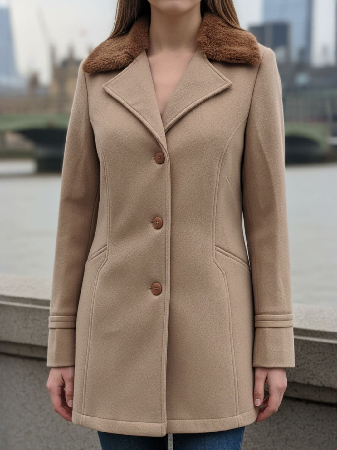 Excent Women’s Beige Camel Woollen Tweed Coat with Faux Fur Collar – Elegant Winter Overcoat | Warm & Classic Long Jacket for Women