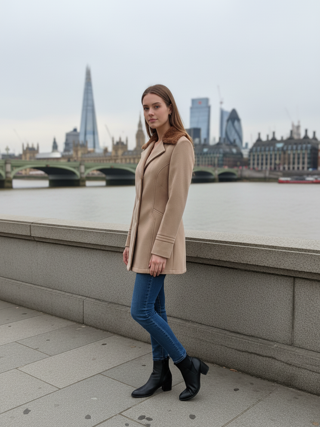 Excent Women’s Beige Camel Woollen Tweed Coat with Faux Fur Collar – Elegant Winter Overcoat | Warm & Classic Long Jacket for Women