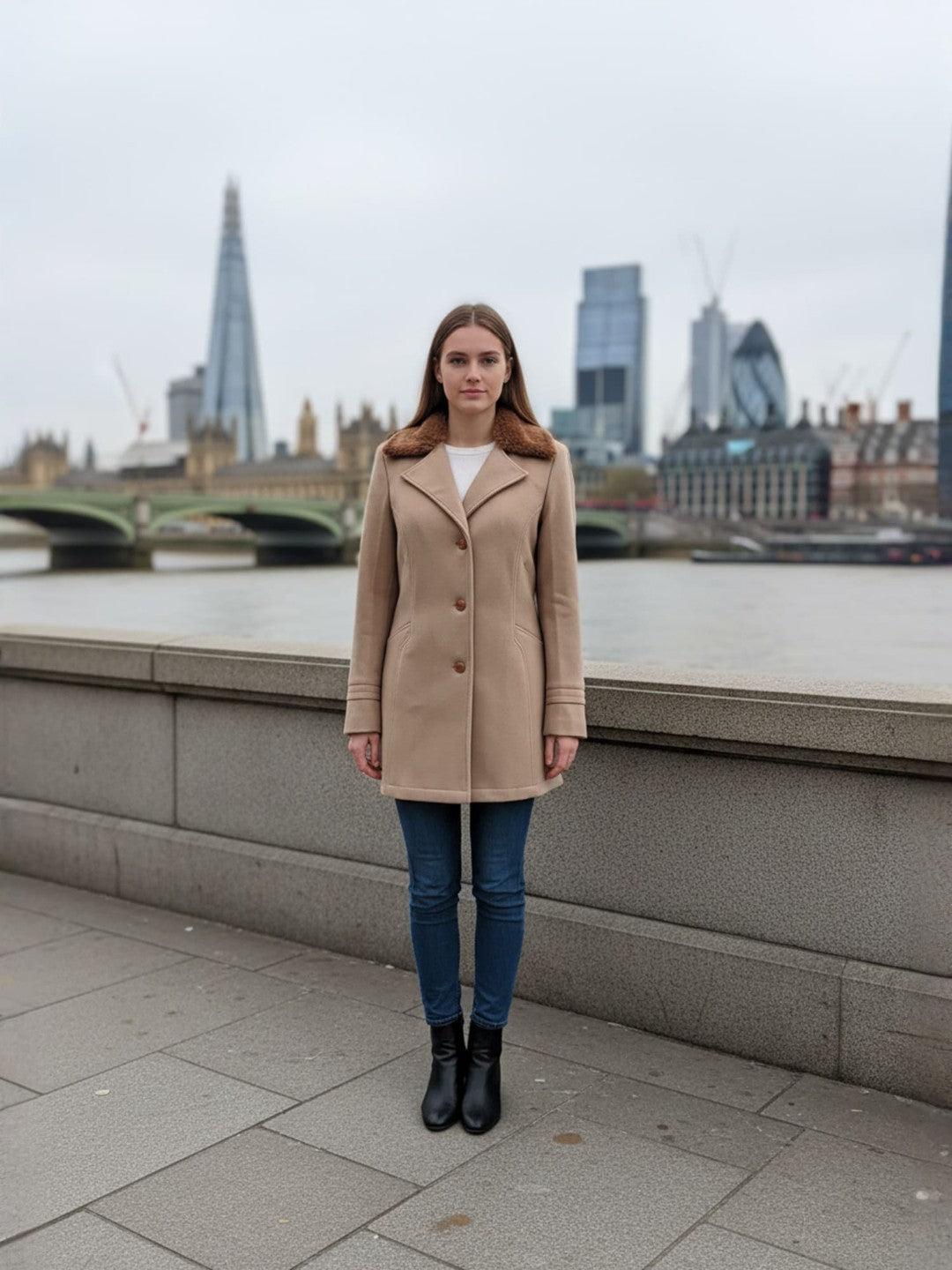 Excent Women’s Beige Camel Woollen Tweed Coat with Faux Fur Collar – Elegant Winter Overcoat | Warm & Classic Long Jacket for Women