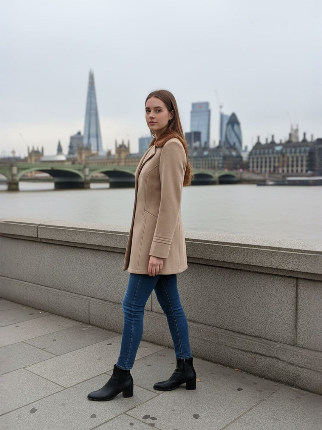 Excent Women’s Beige Camel Woollen Tweed Coat with Faux Fur Collar – Elegant Winter Overcoat | Warm & Classic Long Jacket for Women