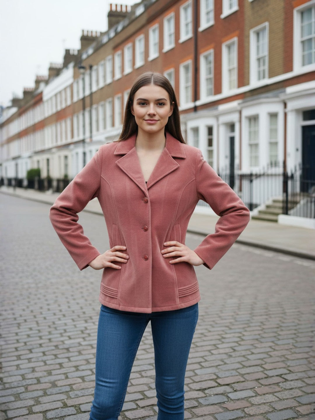 Excent women’s pink fur velvet jacket – short winter coat front view
