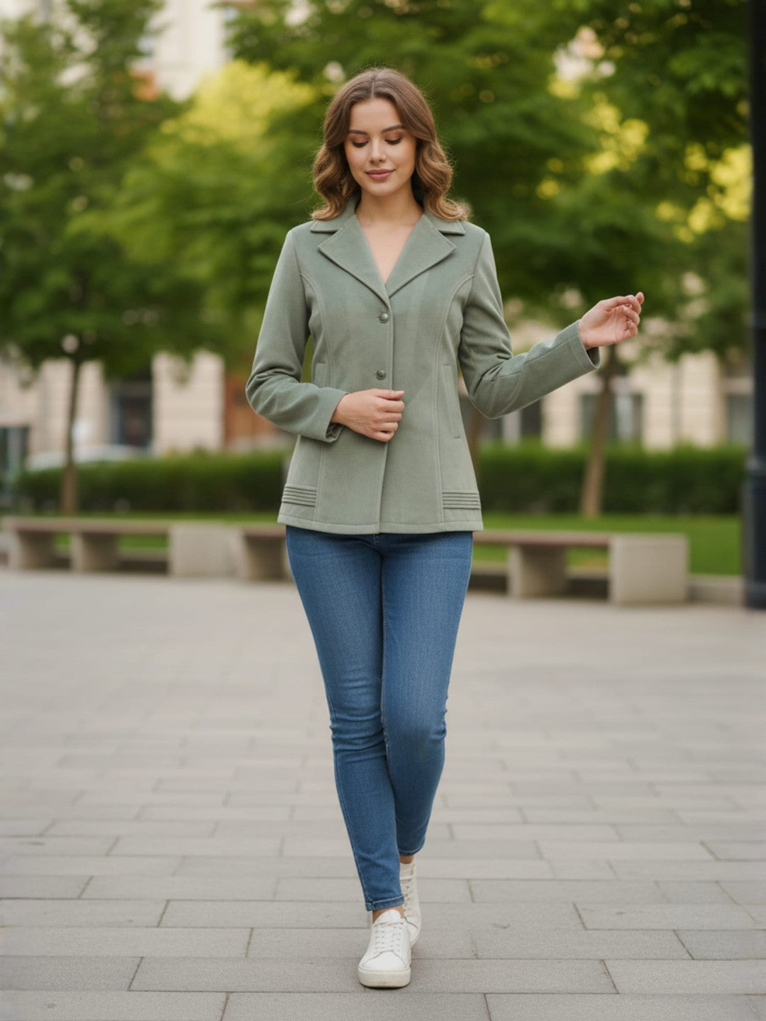 Excent Women’s Fur Velvet Winter Jacket – Soft Touch, Warm & Elegant Short Coat in Sage Green Pista Green