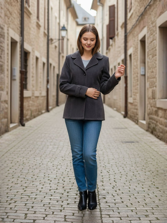 Excent Women’s Fur Velvet Short Winter Coat – Elegant Buttoned Jacket in Dark Grey | Soft, Warm & Stylish