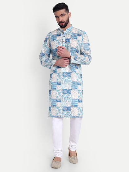 Premium Light Blue Patch-Printed Kurta Pajama Set for Men with Subtle Sequin Embellishments – Elegant Ethnic Wear for All Occasions