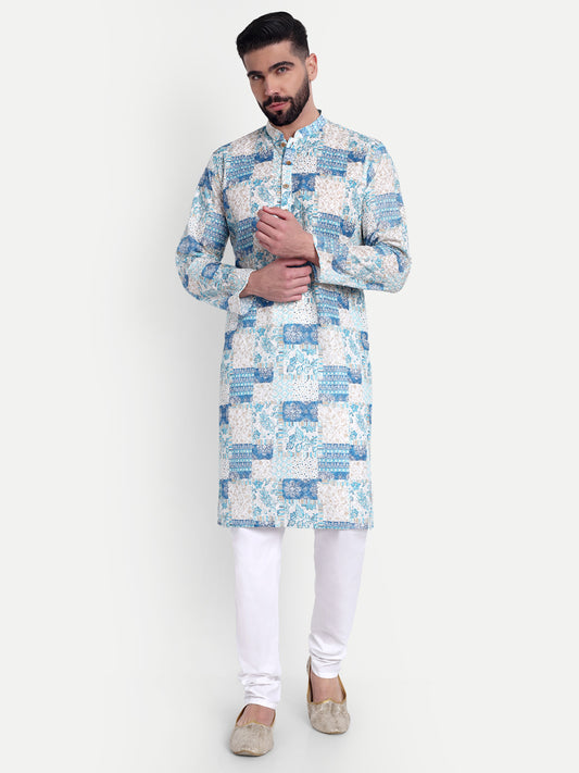 Premium Light Blue Patch-Printed Kurta Pajama Set for Men with Subtle Sequin Embellishments – Elegant Ethnic Wear for All Occasions