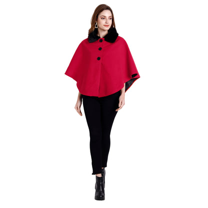 Excent Women’s Free Size Woollen Poncho with Faux Fur Collar – Elegant Winter Cape in Red