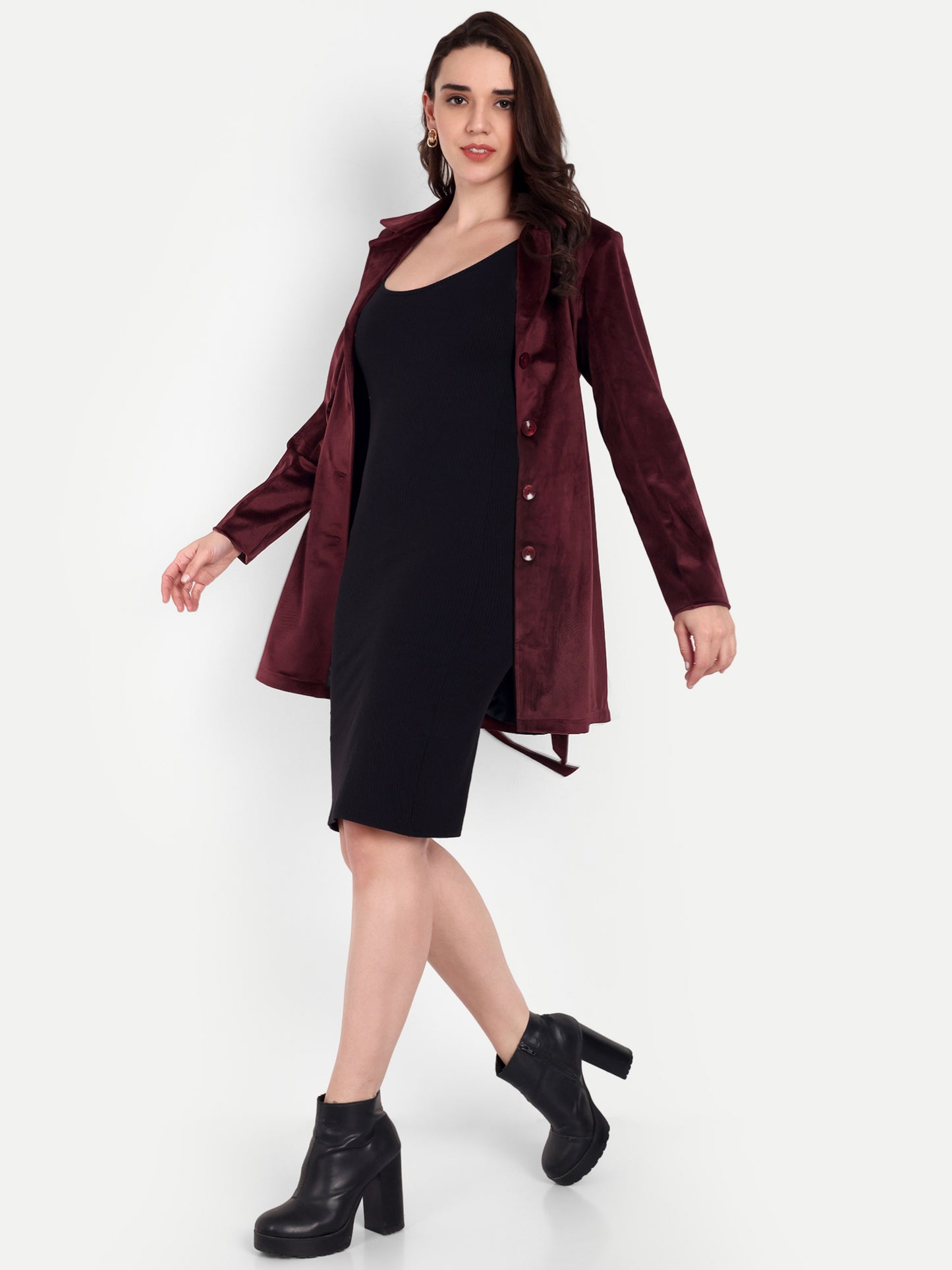 Excent Women’s Velvet Long Coat – Elegant Belted Winter Jacket in Wine | Premium Soft Velvet Overcoat for Women
