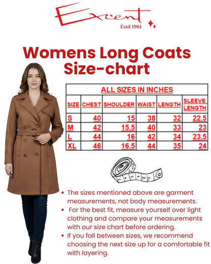 Womens long coat size chart with a model wearing the coat on a white background