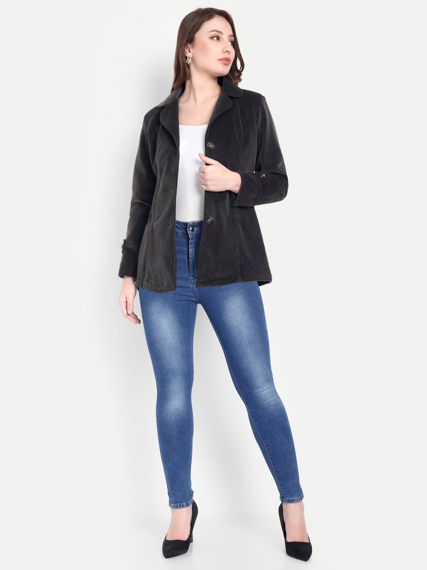 Excent Women’s Fur Velvet Short Winter Coat – Elegant Buttoned Jacket in Dark Grey | Soft, Warm & Stylish