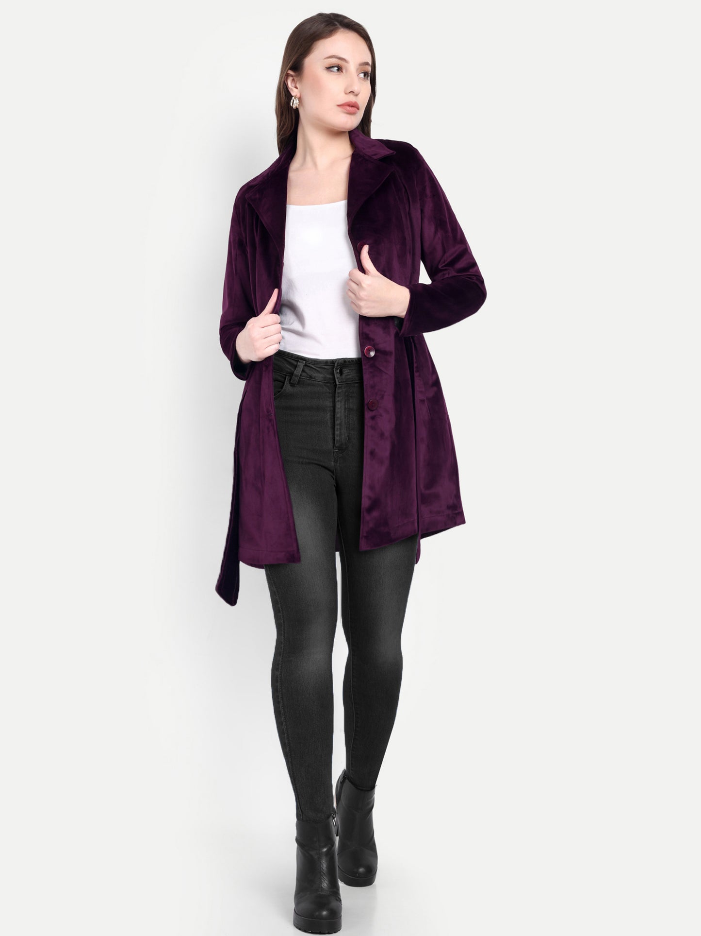 Excent Women’s Velvet Long Coat – Elegant Belted Winter Jacket in Purple| Premium Soft Velvet Overcoat for Women