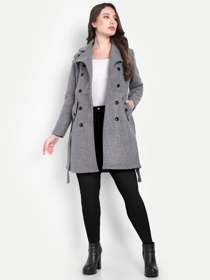 Excent Women’s Woollen Tweed Belted Coat – Classic Double-Breasted Winter Wear | Drak Grey