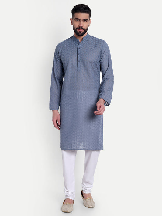 Grey Chikankari Kurta Pyjama Set for Men – Cotton Blend Ethnic Wear | Elegant Traditional Outfit