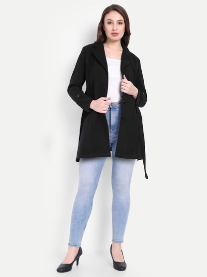 Excent Women’s Woollen Tweed Belted Coat – Classic Long Winter Jacket in Black| Elegant Warm Overcoat for Women