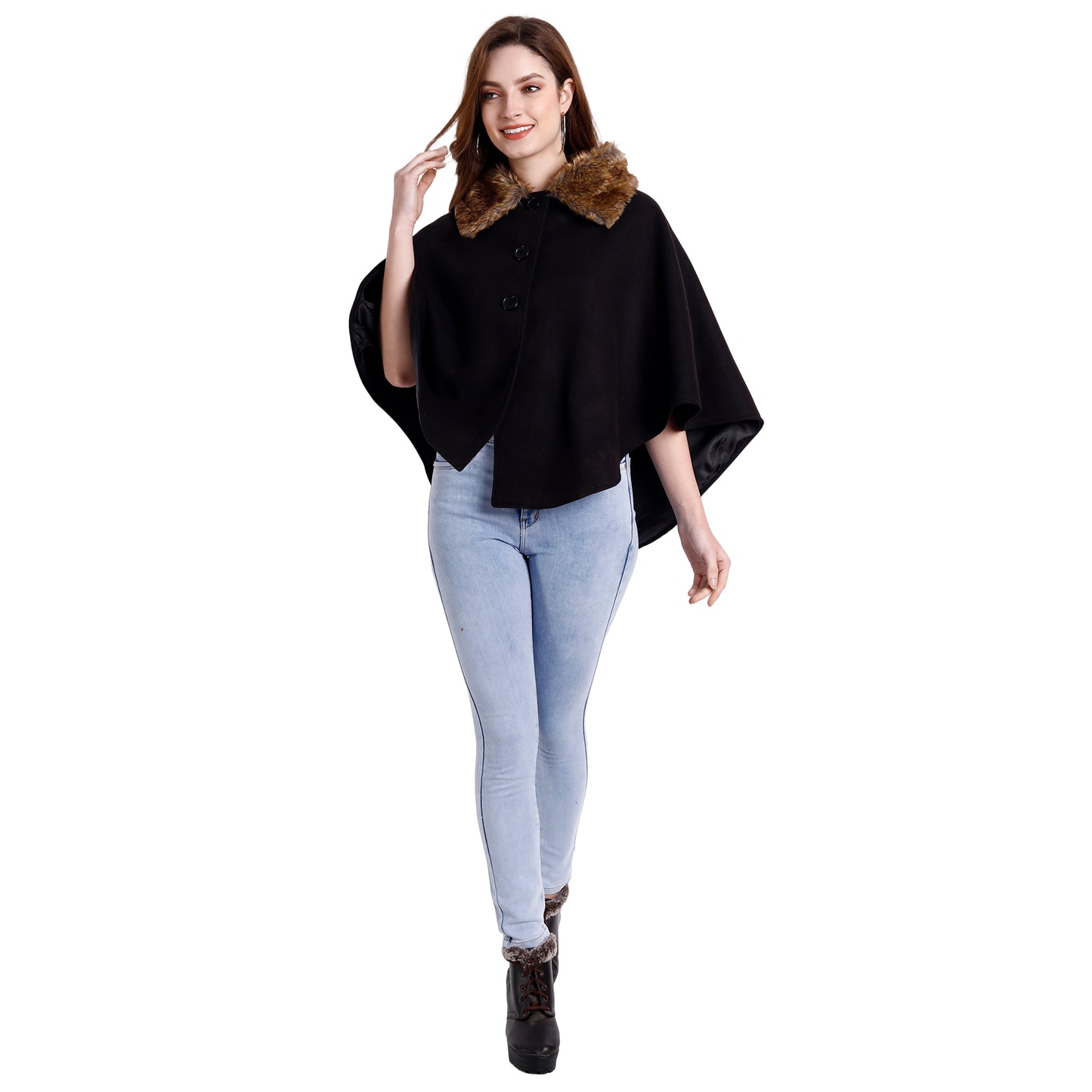 Excent Women’s Free Size Woollen Poncho with Faux Fur Collar – Elegant Winter Cape in Black