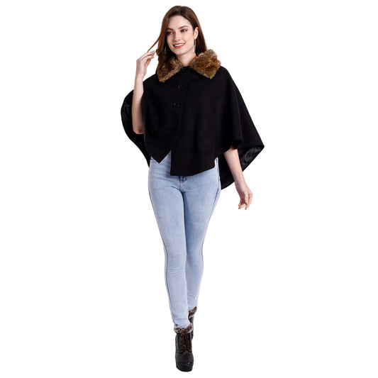 Excent Women’s Free Size Woollen Poncho with Faux Fur Collar – Elegant Winter Cape in Black