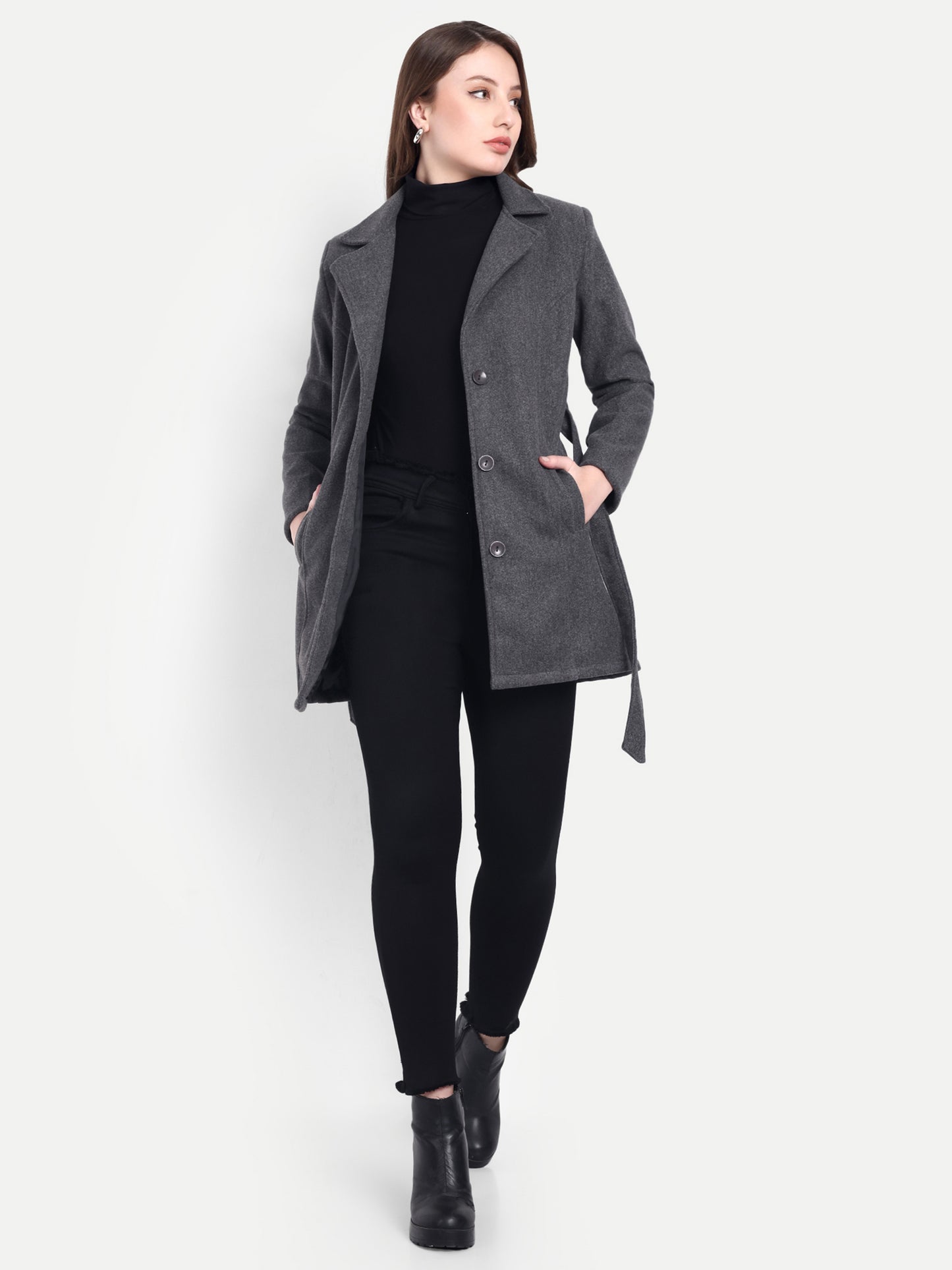 Excent Women’s Woollen Regular Coat with Belt – Elegant Winter Wear | Dark Grey