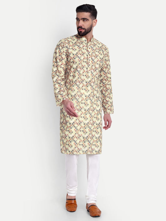 Cream Mosaic-Print Kurta Pajama Set with Subtle Sequin Work – Perfect Blend of Tradition and Glamour