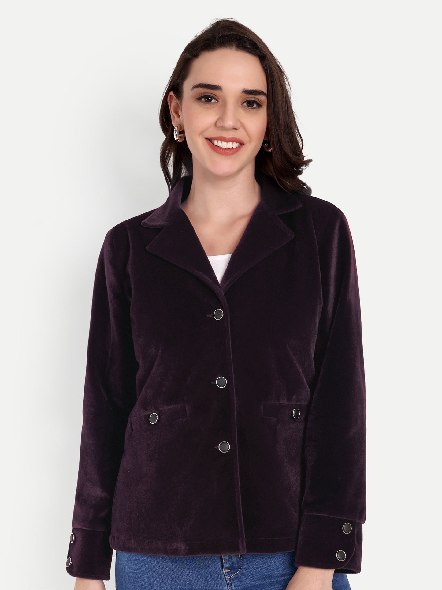 Excent Women’s Wine Velvet Short Winter Coat – Premium Fur Velvet Jacket | Soft, Elegant & Warm Winterwear