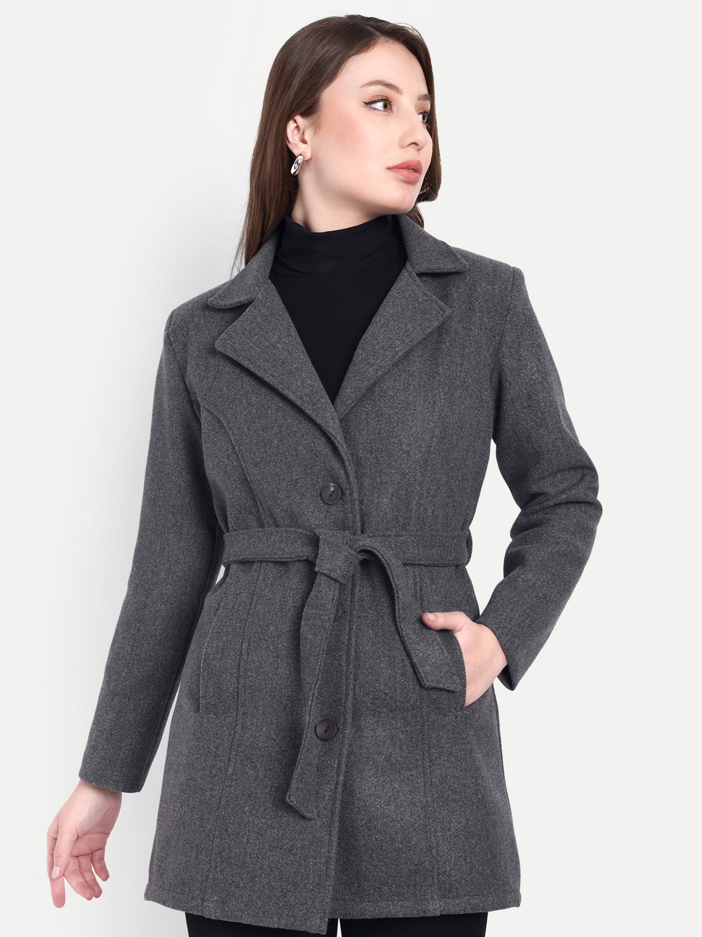 Excent Women’s Woollen Regular Coat with Belt – Elegant Winter Wear | Dark Grey