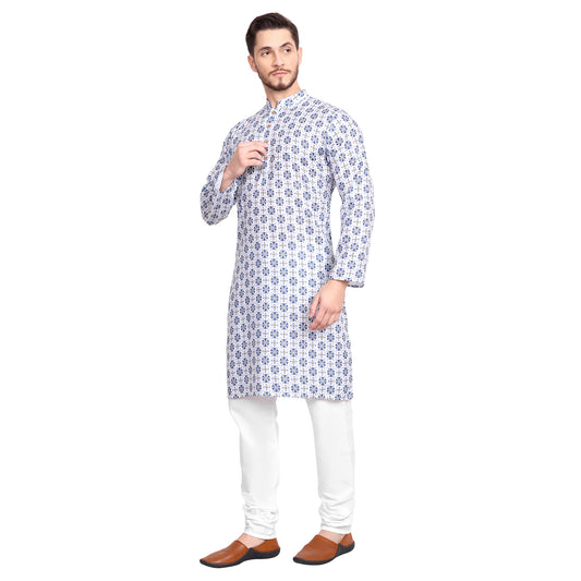 Elegant White & Blue Printed Kurta Pajama Set for Men | Festive & Traditional Occasions