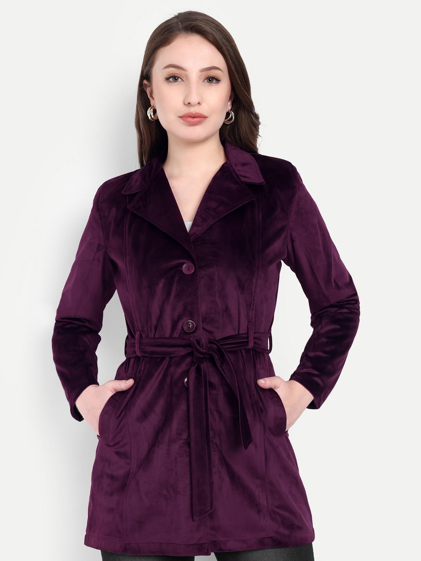Excent Women’s Velvet Long Coat – Elegant Belted Winter Jacket in Purple| Premium Soft Velvet Overcoat for Women