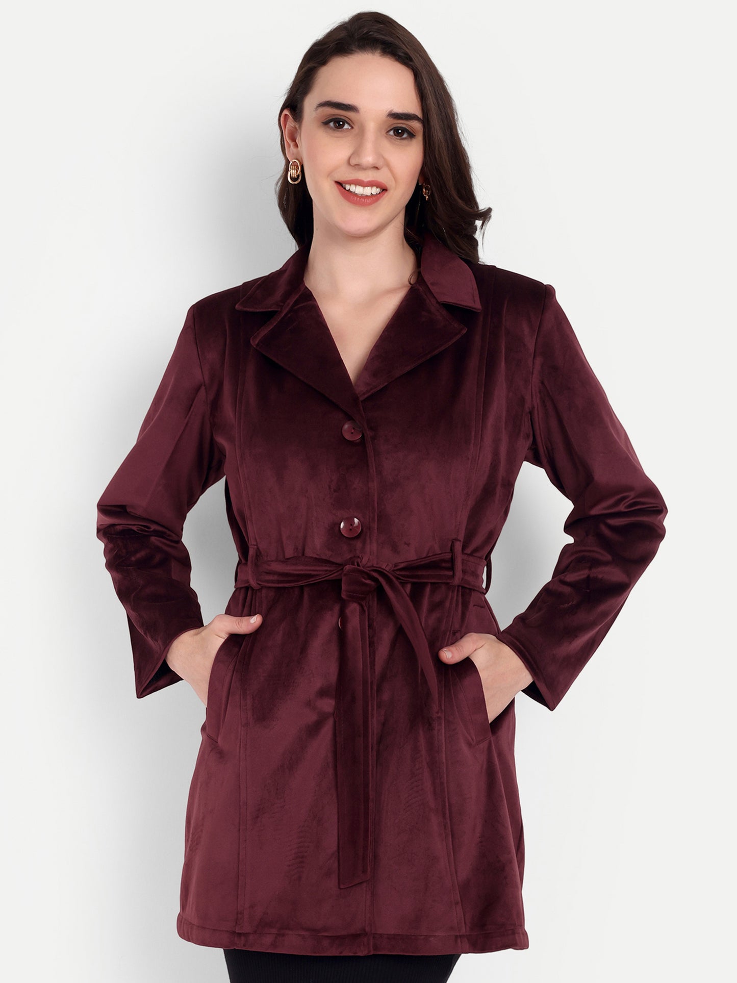 Excent Women’s Velvet Long Coat – Elegant Belted Winter Jacket in Wine | Premium Soft Velvet Overcoat for Women