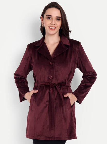 Excent Women’s Velvet Long Coat – Elegant Belted Winter Jacket in Wine | Premium Soft Velvet Overcoat for Women