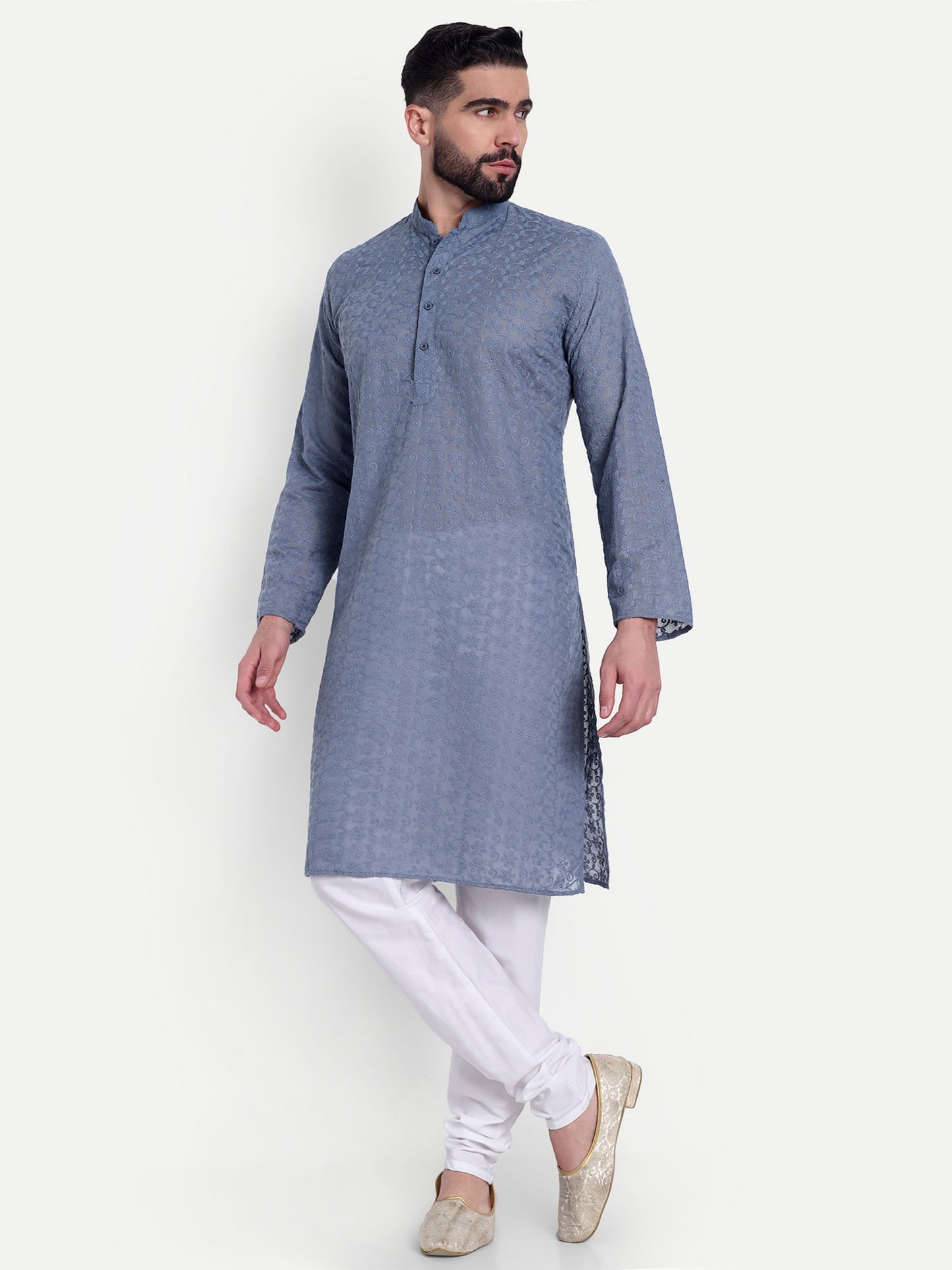 Grey Chikankari Kurta Pyjama Set for Men – Cotton Blend Ethnic Wear | Elegant Traditional Outfit