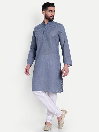 Grey Chikankari Kurta Pyjama Set for Men – Cotton Blend Ethnic Wear | Elegant Traditional Outfit