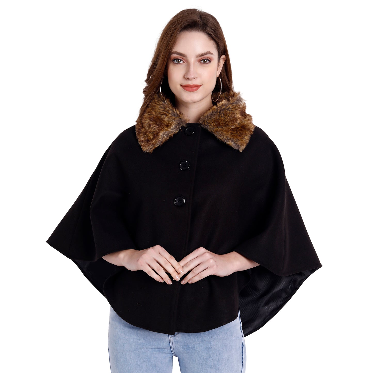 Excent Women’s Free Size Woollen Poncho with Faux Fur Collar – Elegant Winter Cape in Black