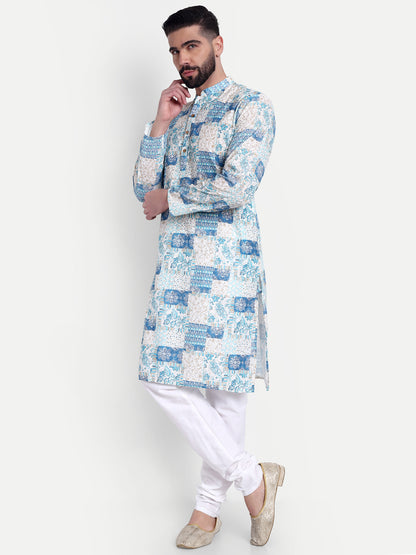 Premium Light Blue Patch-Printed Kurta Pajama Set for Men with Subtle Sequin Embellishments – Elegant Ethnic Wear for All Occasions