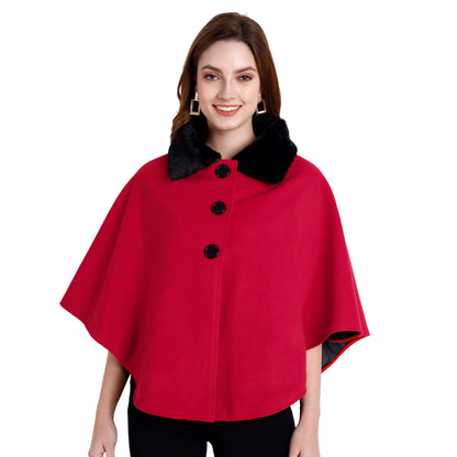 Excent Women’s Free Size Woollen Poncho with Faux Fur Collar – Elegant Winter Cape in Red