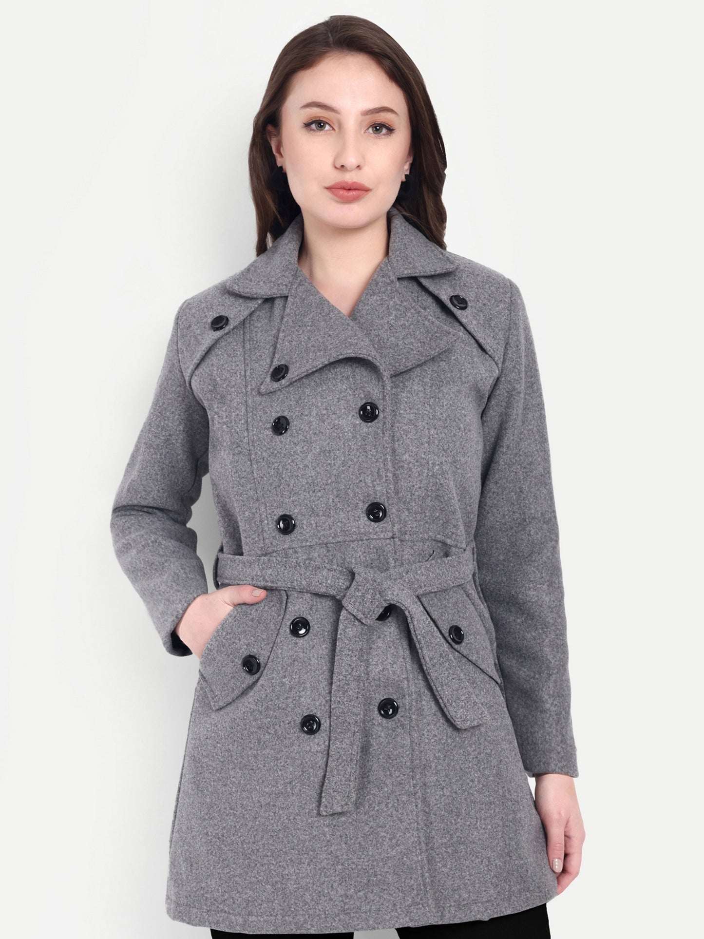Excent Women’s Woollen Tweed Belted Coat – Classic Double-Breasted Winter Wear | Drak Grey