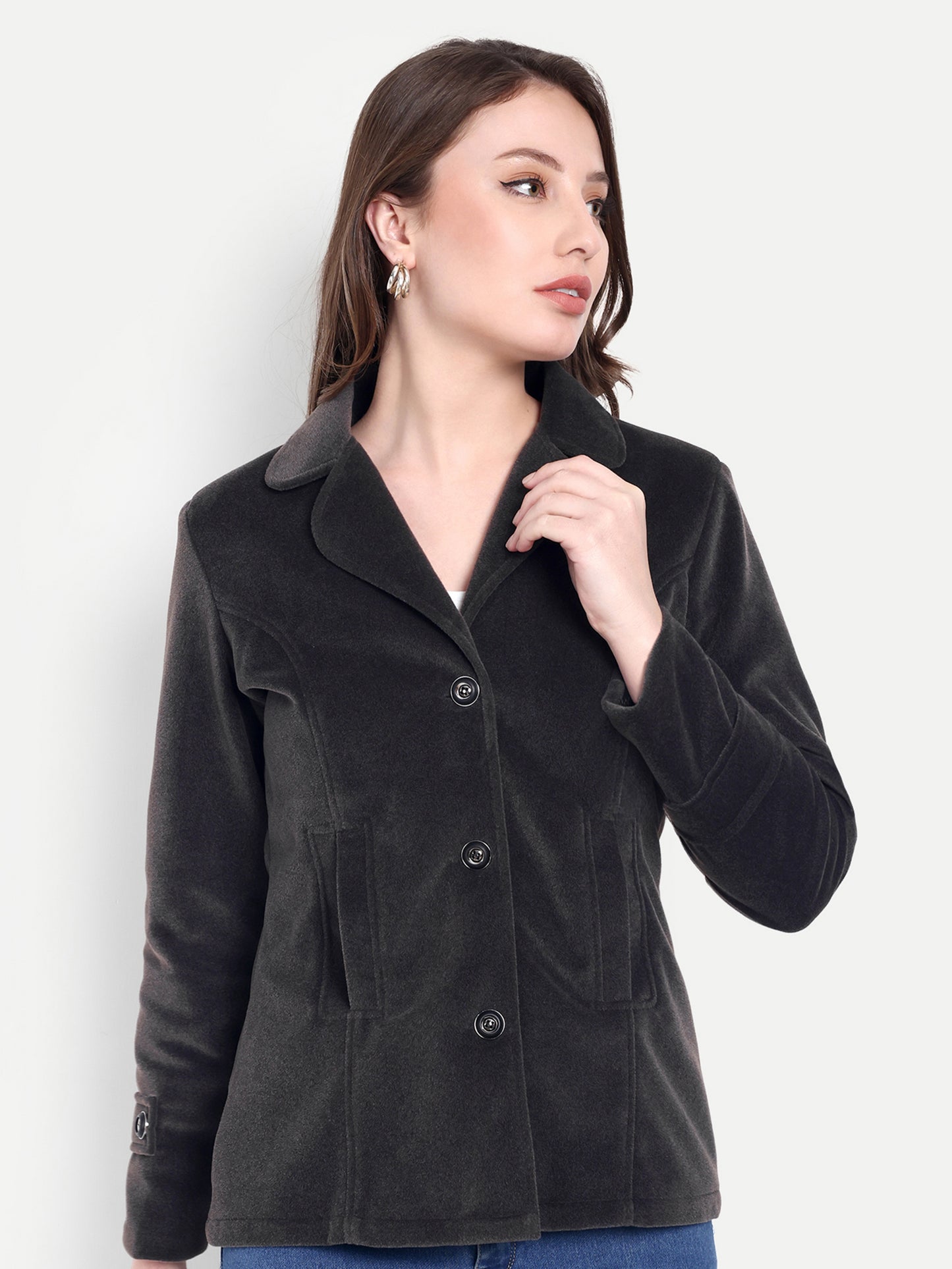 Excent Women’s Fur Velvet Short Winter Coat – Elegant Buttoned Jacket in Dark Grey | Soft, Warm & Stylish