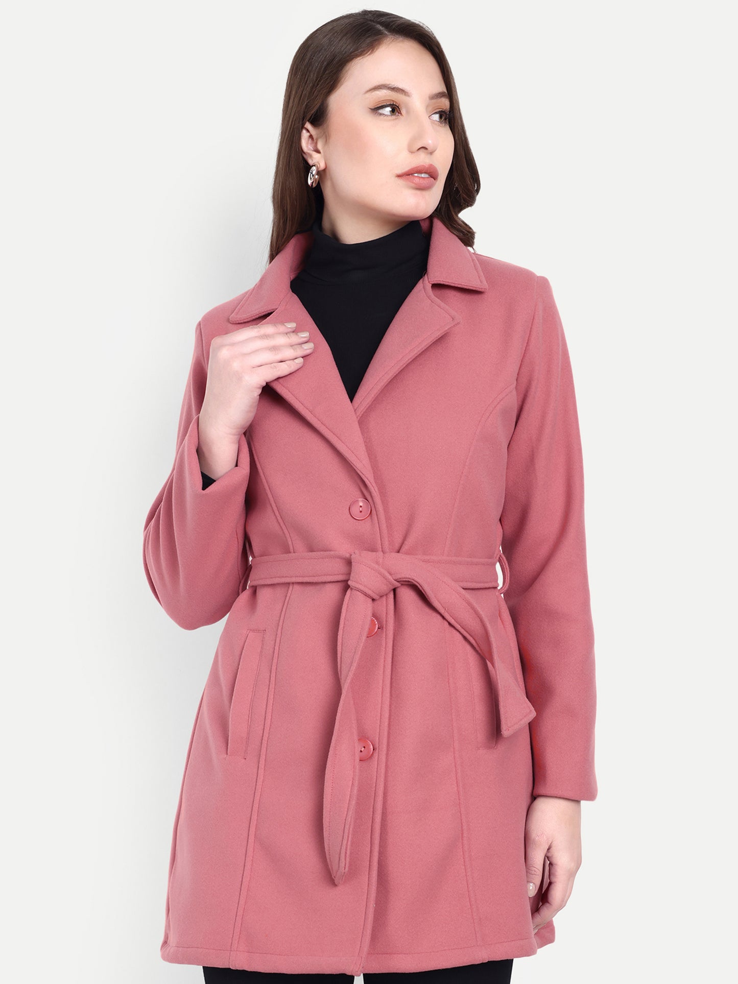 Excent Women’s Woollen Regular Coat with Belt – Elegant Winter Wear | Coral Pink