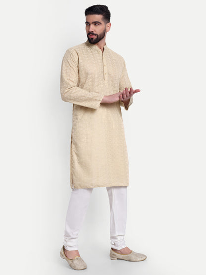 Beige Chikankari Kurta Pyjama Set for Men – Cotton Blend Ethnic Wear | Elegant Traditional Outfit