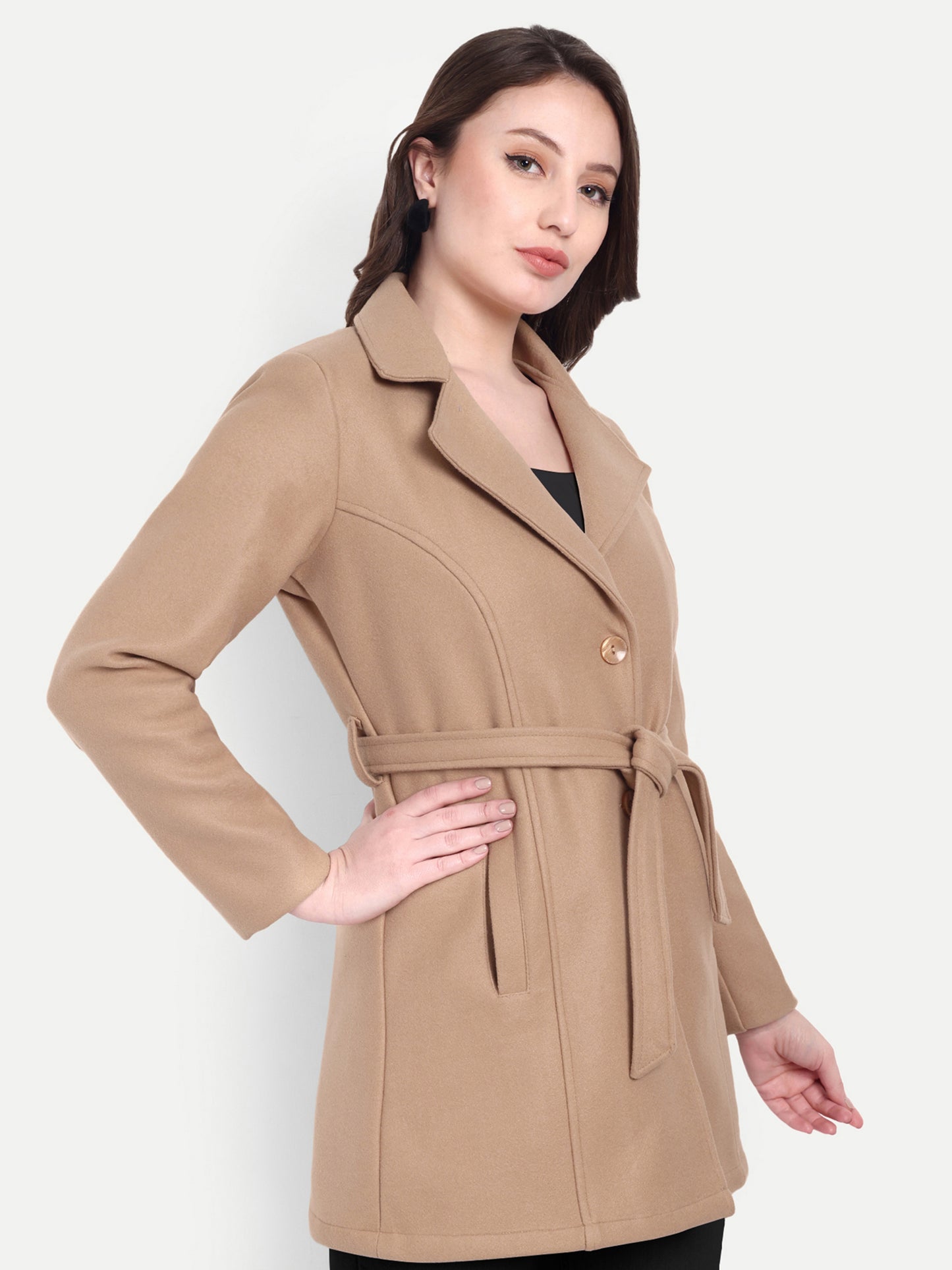 Excent Women’s Woollen Regular Coat with Belt – Elegant Winter Wear | CAMEL BEIGE