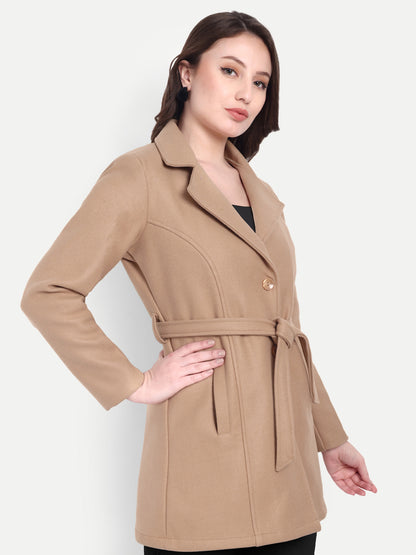 Excent Women’s Woollen Regular Coat with Belt – Elegant Winter Wear | CAMEL BEIGE