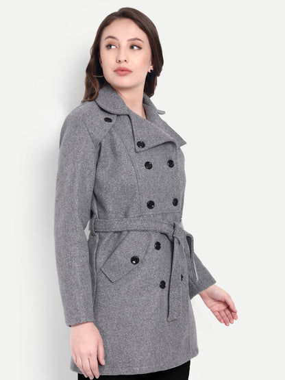 Excent Women’s Woollen Tweed Belted Coat – Classic Double-Breasted Winter Wear | Drak Grey