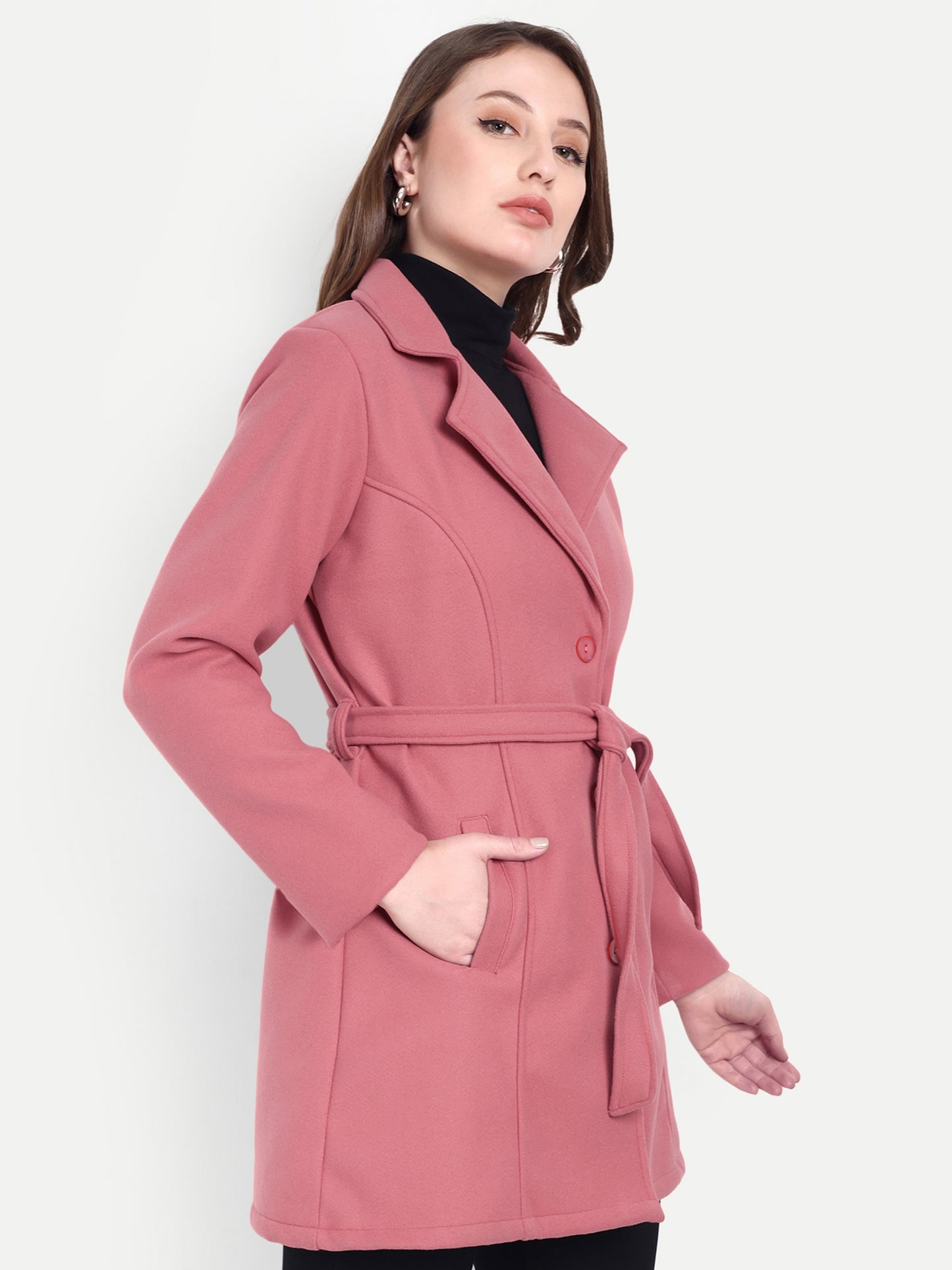Excent Women’s Woollen Regular Coat with Belt – Elegant Winter Wear | Coral Pink