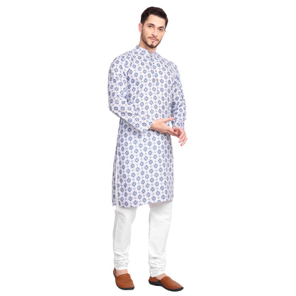 Elegant White & Blue Printed Kurta Pajama Set for Men | Festive & Traditional Occasions