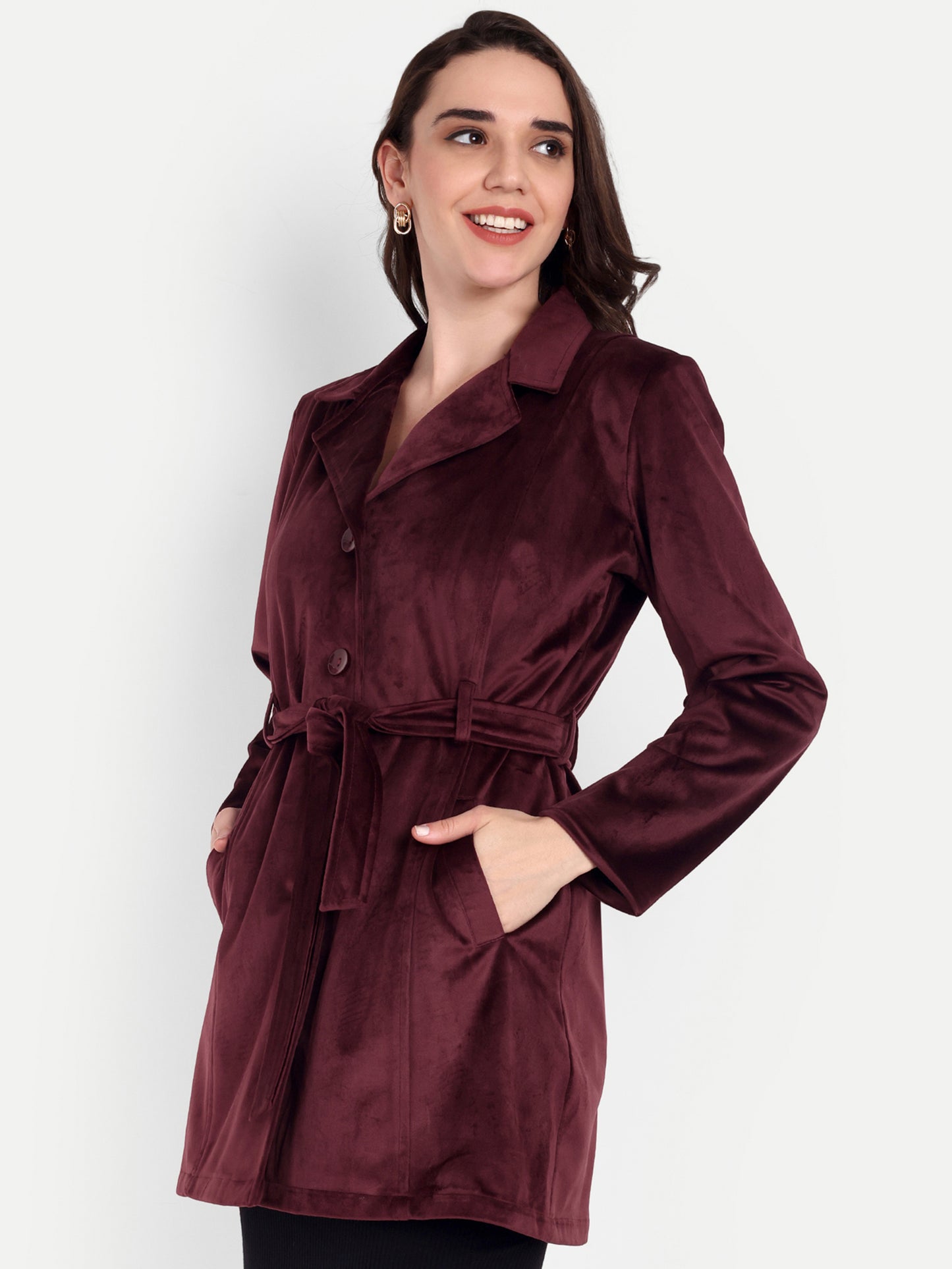 Excent Women’s Velvet Long Coat – Elegant Belted Winter Jacket in Wine | Premium Soft Velvet Overcoat for Women