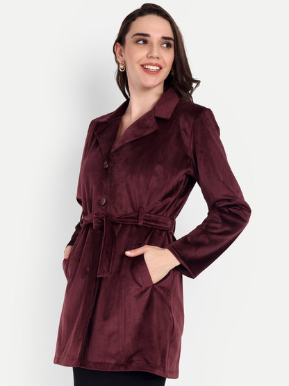 Excent Women’s Velvet Long Coat – Elegant Belted Winter Jacket in Wine | Premium Soft Velvet Overcoat for Women