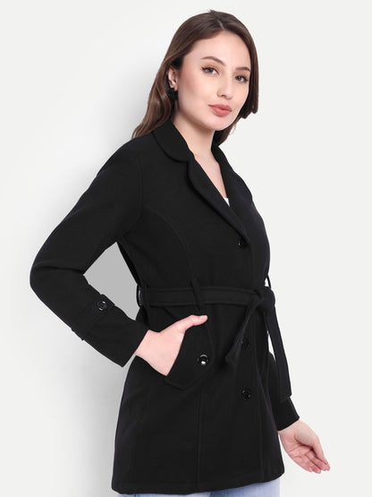 Excent Women’s Woollen Tweed Belted Coat – Classic Long Winter Jacket in Black| Elegant Warm Overcoat for Women