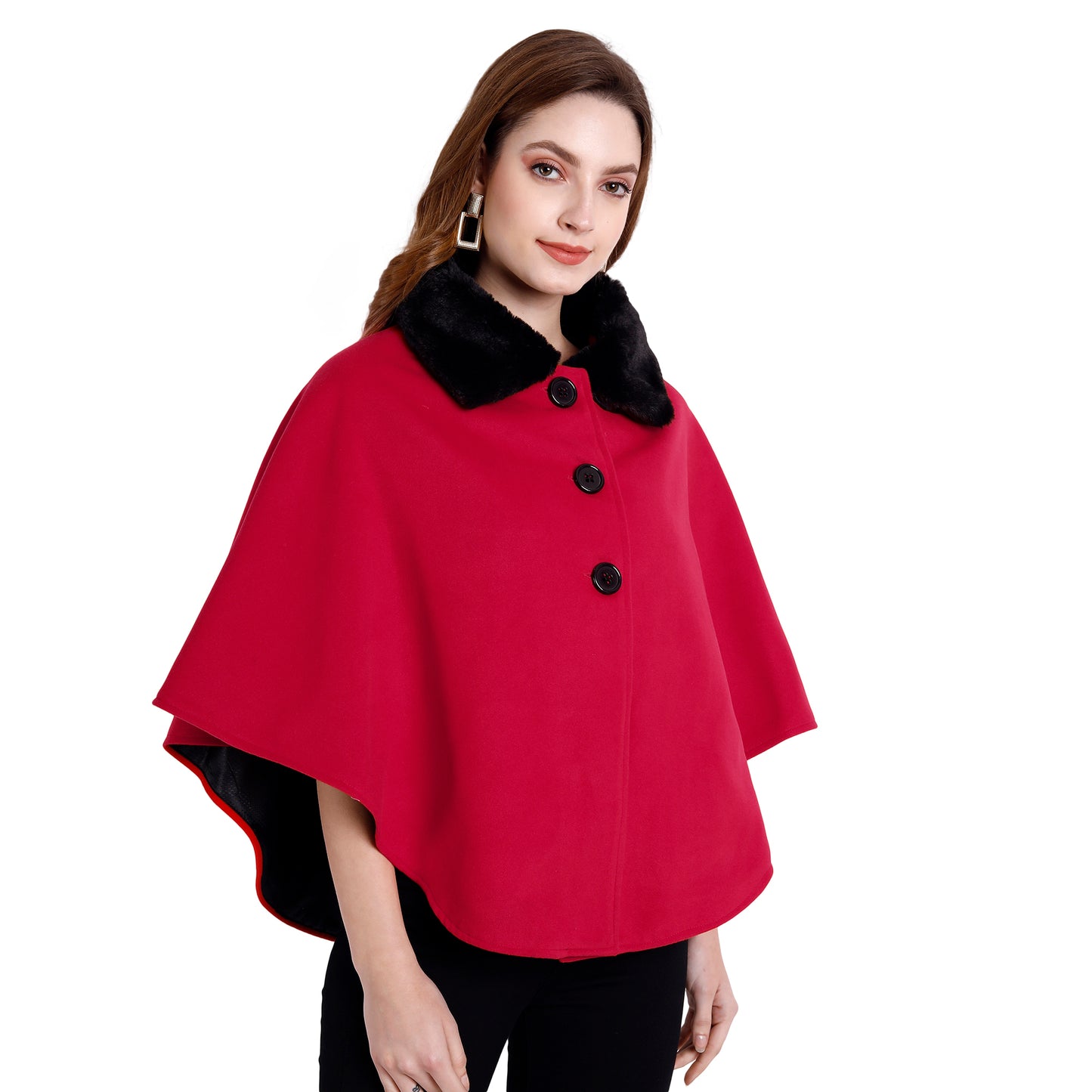 Excent Women’s Free Size Woollen Poncho with Faux Fur Collar – Elegant Winter Cape in Red
