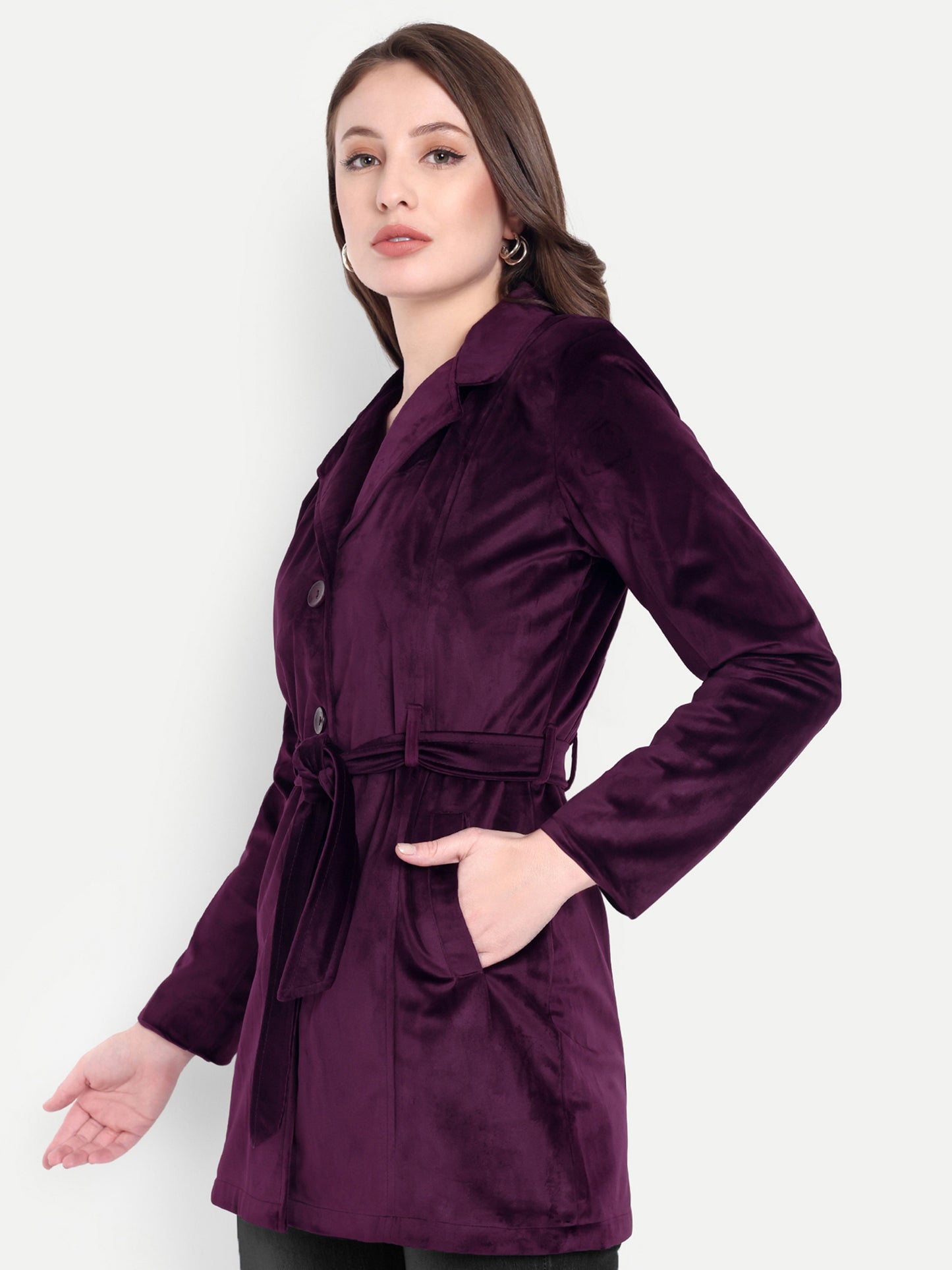 Excent Women’s Velvet Long Coat – Elegant Belted Winter Jacket in Purple| Premium Soft Velvet Overcoat for Women