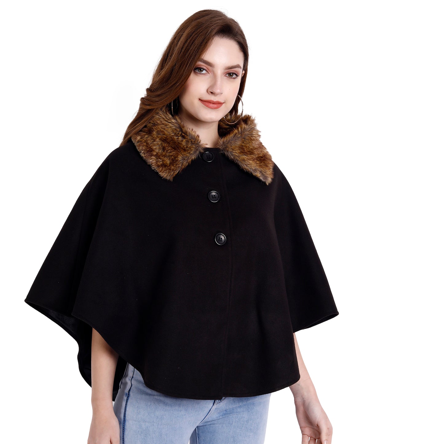 Excent Women’s Free Size Woollen Poncho with Faux Fur Collar – Elegant Winter Cape in Black